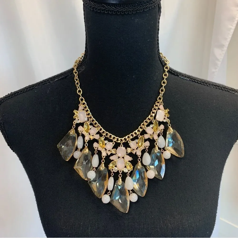 Light pastel pink green gold tone statement necklace